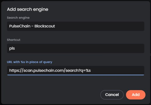 Cool #PulseChain tip.
Any chrome-based browser:
Settings => Search Engine => Manage search engines and sites

You can add to the "Site search" list there and provide whatever shortcut you want.
scan.pulsechain.com/search?q=%s

Now you can:
1. open a new tab
2. type pls then hit [TAB]
3.