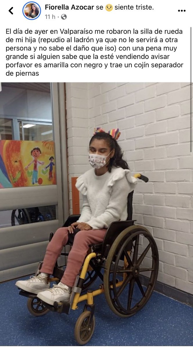 DaisyEvanSpears's tweet image. Hagamos una cadena para que por tanto alguien que tenga los medios le pueda donar la silla de ruedas que le robaron a la niña!! perfil de su mamá en #facebook m.facebook.com/story.php?stor… 

@leonardofarkas  @aluksicc @GabrielBoric @MunicipioValpo @MacaRipa @vinadelmar #cadenadeayuda