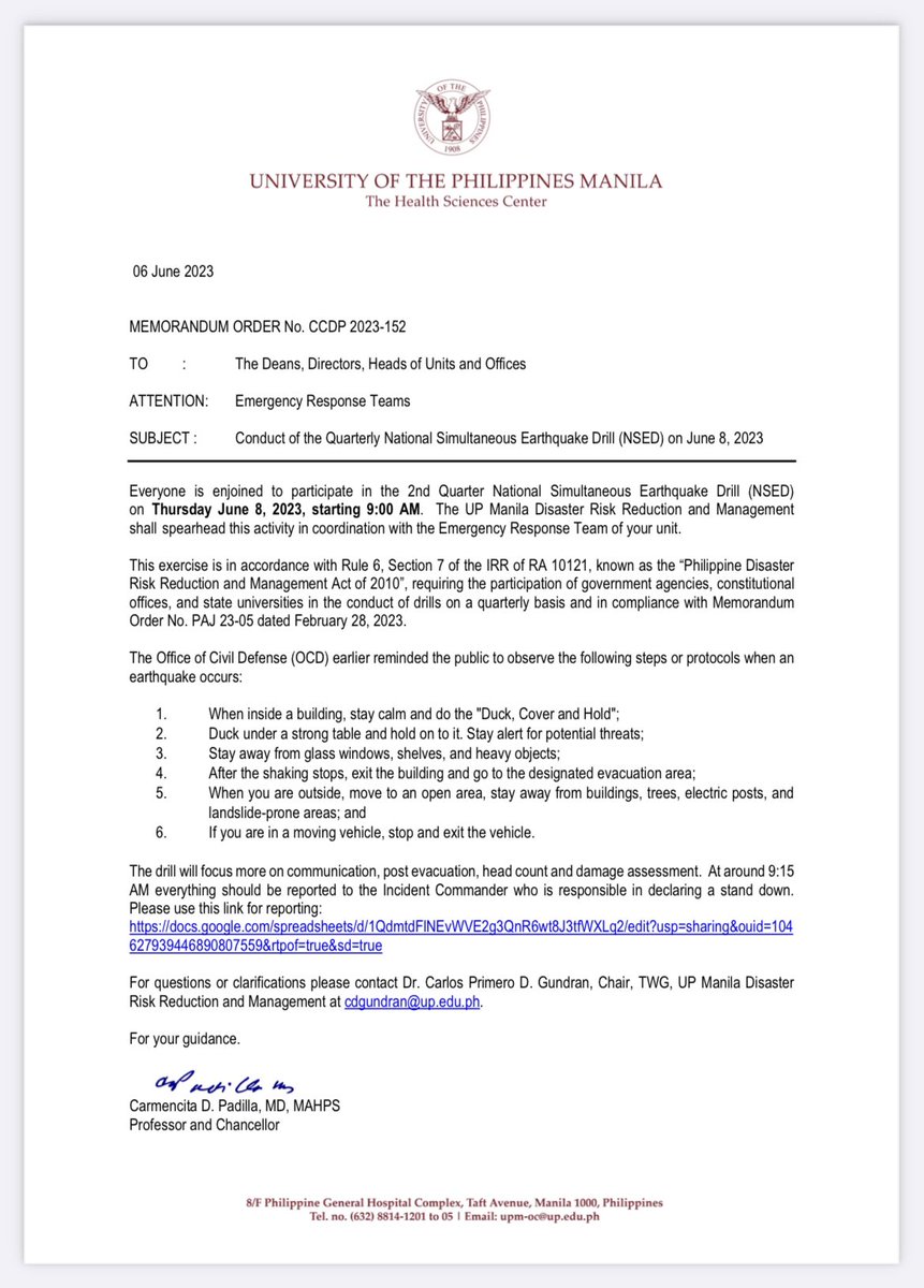 UPCPH's tweet image. From the Office of the University Chancellor.

Conduct of the Quarterly National Simultaneous Earthquake Drill (NSED) on 08 June 2023.
