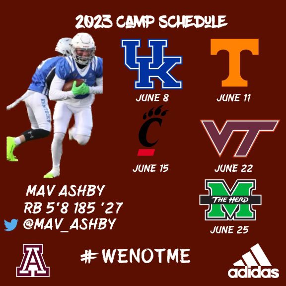 Maverick Ashby ‘27 ATH/RB/DB (@mav_ashby) on Twitter photo 2023 Camp schedule⭐️ @CoachMack_Tenn <a href="/vincemarrow/">CoachMarrow</a> <a href="/CoachHuff/">Charles C. Huff</a> <a href="/HokiesFB/">Virginia Tech Football</a> <a href="/GoBearcatsFB/">Cincinnati Football</a> <a href="/Legg62/">Bill Legg</a> <a href="/Vol_Football/">Tennessee Football</a> <a href="/Tomcat_football/">Ashland Football</a> 2023 Camp schedule⭐️ @CoachMack_Tenn <a href="/vincemarrow/">CoachMarrow</a> <a href="/CoachHuff/">Charles C. Huff</a> <a href="/HokiesFB/">Virginia Tech Football</a> <a href="/GoBearcatsFB/">Cincinnati Football</a> <a href="/Legg62/">Bill Legg</a> <a href="/Vol_Football/">Tennessee Football</a> <a href="/Tomcat_football/">Ashland Football</a>