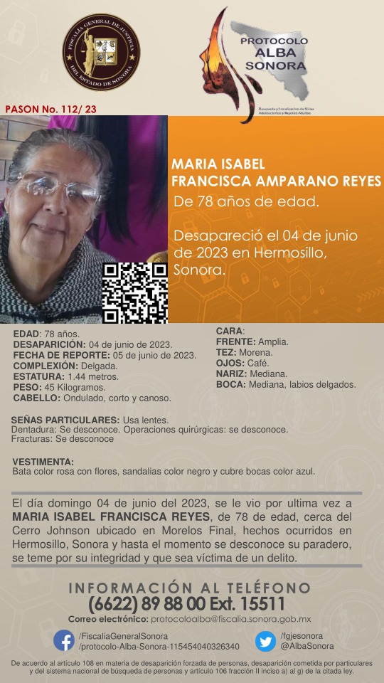 🟠 Se activa Segunda Fase de #ProtocoloAlba #Sonora para la búsqueda y  localización de María Isabel Francisca Amparano Reyes, de 78 años de edad con quien se perdió contacto cuando salía a caminar a las 16:00 hrs. del domingo 4 de junio, 1/3