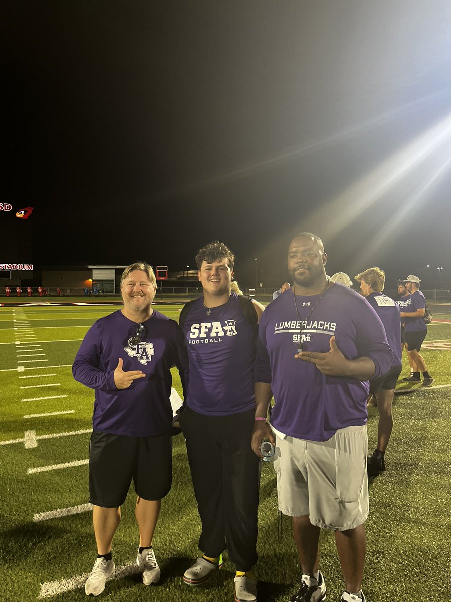 After a great camp at SFA and a great talk with @CoachMutz & @CoachTyWarren, I am thankful to announce that I received my first D1 fullride Scholarship from SFA. #RaiseTheAxe @PeterDaletzki @GIfootballChris @GridironImports @ImmoOsterkamp