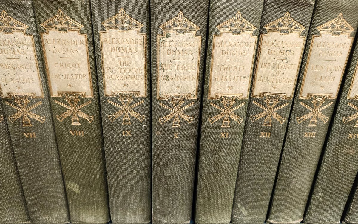 SuzanneRupright's tweet photo. A 1910 25-volume set of Alexandre Dumas arrived in the workroom this week! Vol X is The Three Guardsmen. Vols 1 &amp; 2 are The Man in the Iron Mask. I am, of course, going to read from 1 to 25 in order -- because I can! https://t.co/7EOtPHaaGl