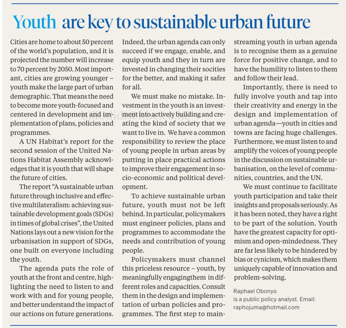 Youth are key to sustainable urban future. Read my piece in the newspapers 👇#UNHA2