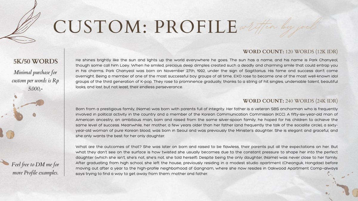 Claim your seat at the corner of my café, where I roast your ideas to be served in the most delightful cup of wording. I offer various kinds of wording services! From bio, pinned, upchar, custom message, plots, and more. Kindly read the T&amp;C before ordering. ☕ #zonauang #zonaba