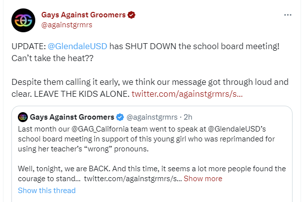 ErinInTheMorn's tweet photo. Gays Against Groomers and several other right wing accounts are now explicitly endorsing violence committed against parents at an LGBTQ+ school resolution.

This is where we are at.

We have crossed a major line here and we need to recognize it.

https://t.co/O5AaBSdfcO https://t.co/shSaqQawVQ