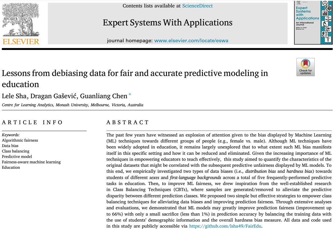 Our new paper on 'Lessons from debiasing data for fair and accurate predictive modeling in education'. #machinelearning models may greatly improve prediction fairness (66%) with only a small sacrifice (<1%) in prediction accuracy.  #AI #learninganalytics sciencedirect.com/science/articl…