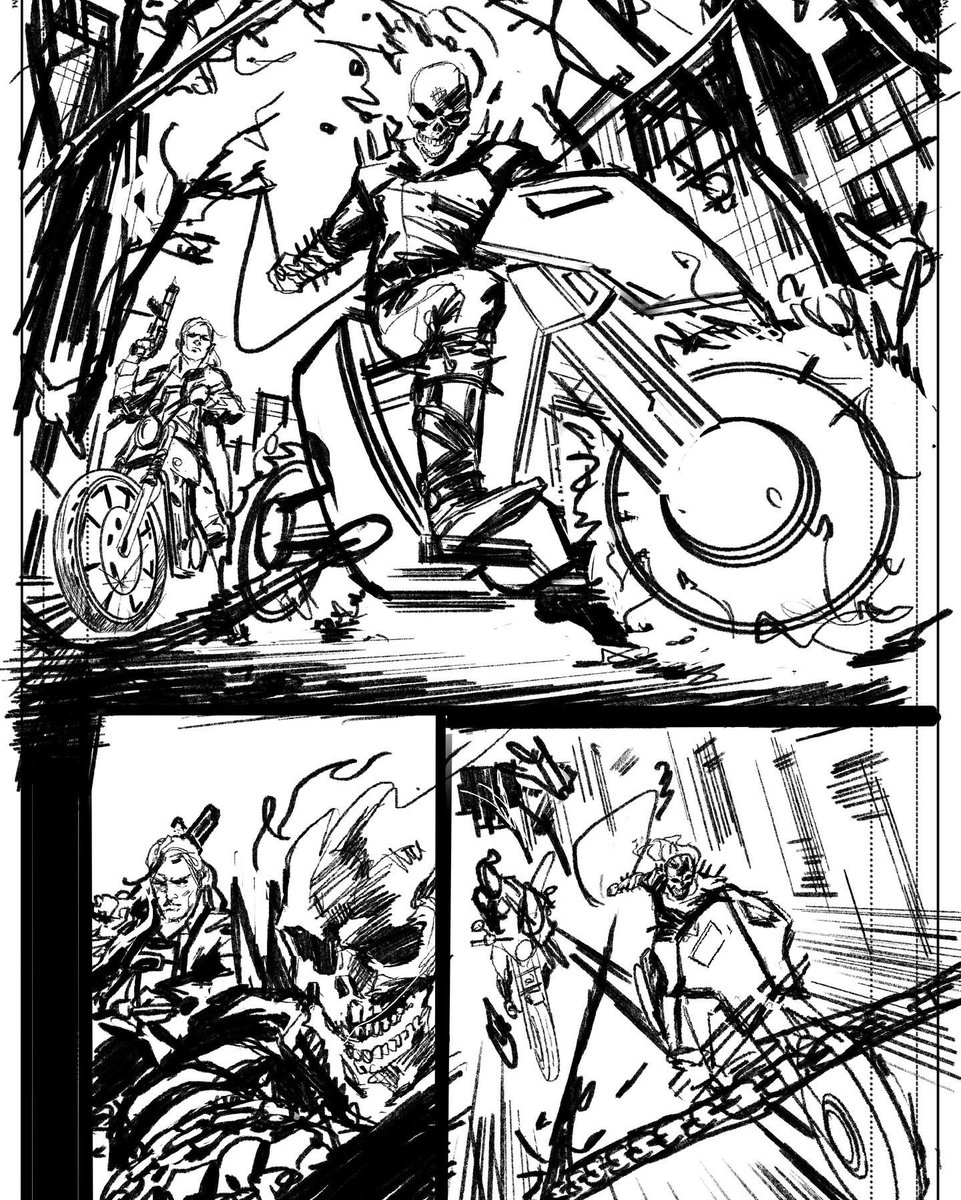 danielpicci8's tweet photo. Anyone like some BTS action? Here are the layouts, pencils, and inks for the GHOST RIDER reveal on his Hell Cycle. Issue 2 dropping soon!! #marvel #comics #ghostrider #dannyketch #hellcycle #johnnyblaze #spoiler #mcu #marvelcomics https://t.co/7yEJtjuFNE