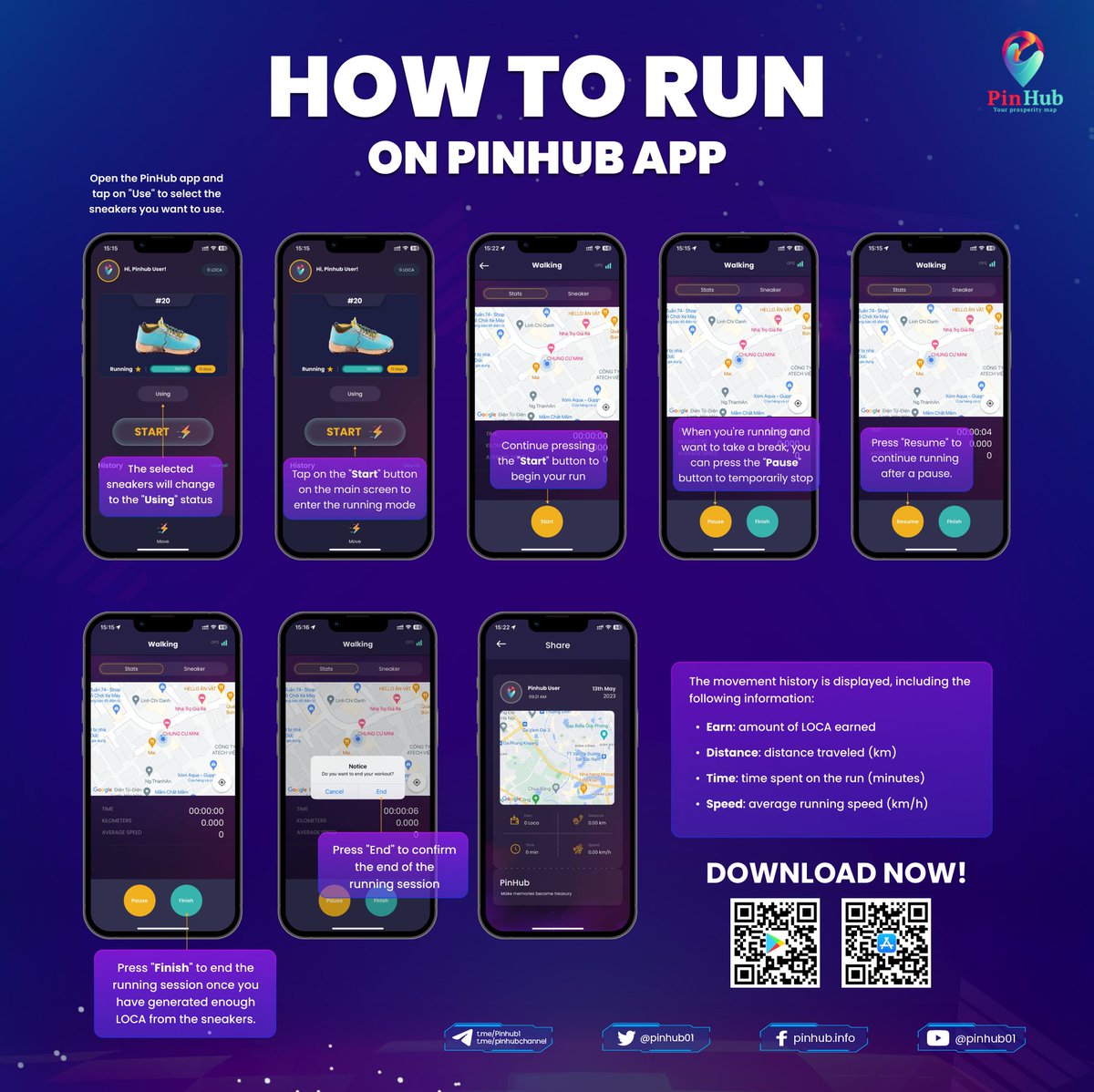 QUICK #GUIDE: HOW TO RUN ON #PINHUB #APP 🏃✅

⚠️Ensure the app is running continuously with a stable GPS signal 
⚠️Run outdoors so that the system can recognize your movement
⚠️No cheating &amp; hacks allowed (e.g. traveling by vehicles, sticking devices to moving creatures/objects)