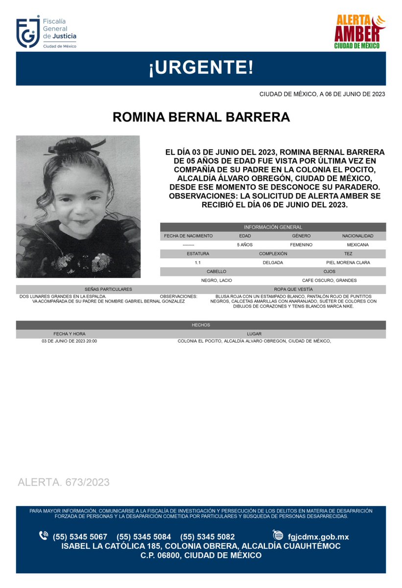 Se activa #AlertaAmber para localizar a una menor de 05 años de edad, de nombre Romina Bernal Barrera, quien fue vista por última vez el día 03 d ejunio de 2023, en la colonia El Pocito, alcaldía Álvaro Obregón