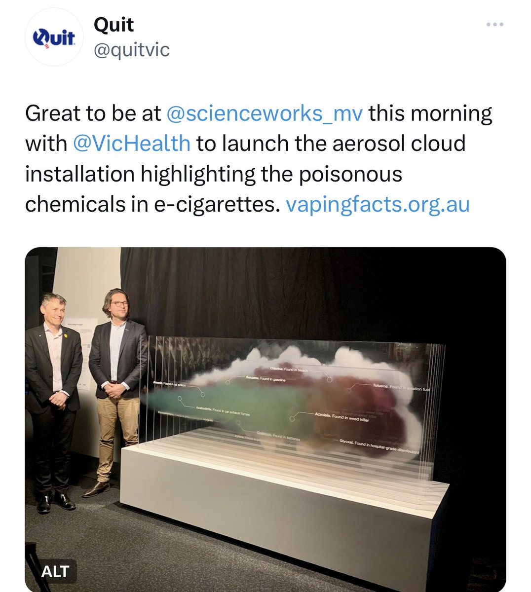 Is that it? Is that the entire display on vaping? You don’t think it would be beneficial to also put the actual percentages of these “poisonous” chemicals @scienceworks_mv 

It’s called transparency, the “kids” will see right through the lies. They are so perceptive!!