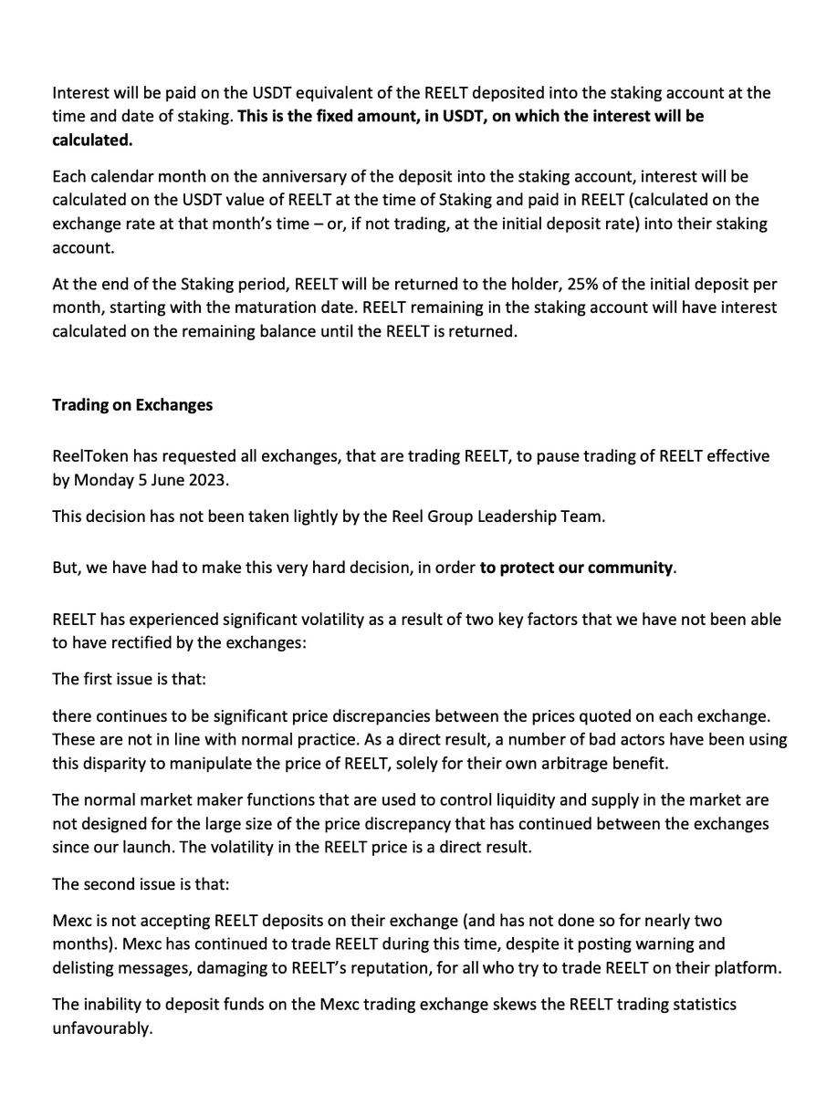 Reel_Token's tweet photo. 🚨Official statement: 2nd June, 2023🚨

This statement is regarding the pause of trading and introduction of staking of $REELT.

https://t.co/VFvxN2gU9P

#ReelStar #ReelToken #Staking https://t.co/IoptQgIpEL