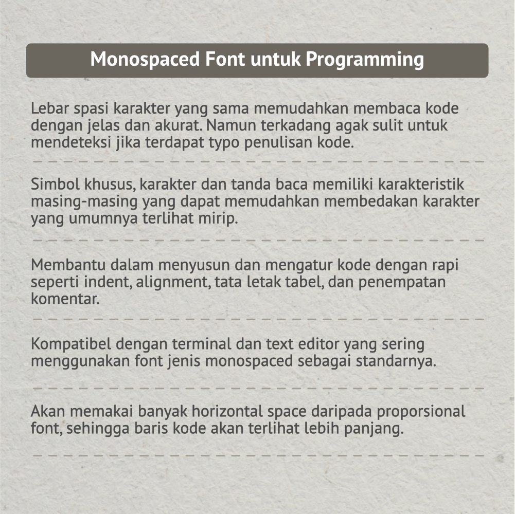 idrumahcoding's tweet photo. Halo sobat coding, kira kira kenapa ya IDE sering menggunakan jenis font MONOSPACED? Kalau gitu langsung aja kita simak di atas ya.
.
#coding #programmer #anakIT #rumahcoding #training https://t.co/vqPTveT6PR