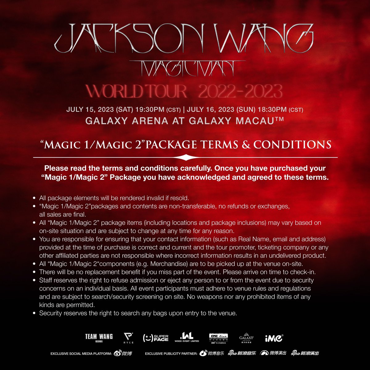 JACKSON WANG MAGIC MAN WORLD TOUR 2023 in Macau

@JacksonWang852

2023/07/15 - 07/16 in Galaxy Arena at Galaxy Macau™ 

TICKET ON SALE NOW ➡️ ticketing.galaxymacau.com

First #MAGICMANWorldTour to meet you all in China in July!

#MAGICMAN2
#JacksonWangWorldTour
#jacksonwang
#잭슨…