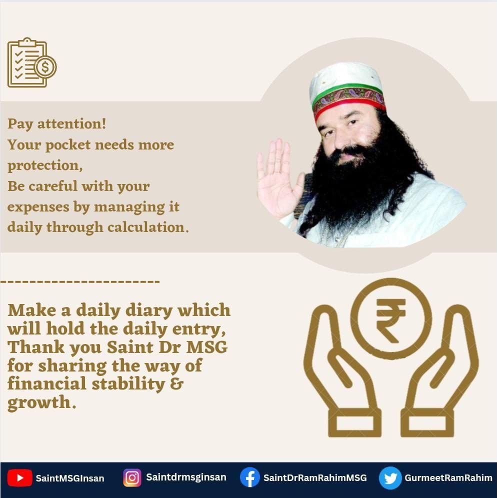 RaghubirRjpt's tweet photo. #WayToSave
लोग अपनी मान बड़ाई और दूसरों को दिखाने की चाह में वे बिना जरूरत की चीजों की खरीदारी में बहुत पैसा खर्च कर देते हैं और बाद में पछताते हैं।
Saint Gurmeet Ram Rahim Ji कहते हैं कि खर्चों पर लगातार नजर रखें और इसका एक लिखित रिकॉर्ड रखें ताकि अंत में अपनी किसी भी फिजूलखर्ची https://t.co/j2TqxP0BPi