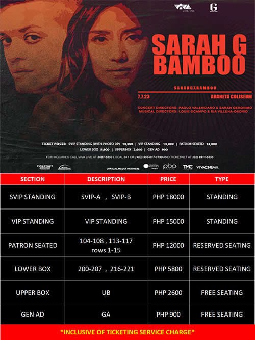 SARAH G x BAMBOO concert tickets on sale now! #AshBooConcert 

Purchase here: cdn.etix.com/landingPage/ti…

Call @vivaliveinc and <a href="/TicketNetPH/">TicketNet</a> for inquiries. 

<a href="/JustSarahG/">Sarah Geronimo</a> <a href="/Bamboomusiclive/">Bamboo</a> <a href="/gproductionsph/">G Productions</a>