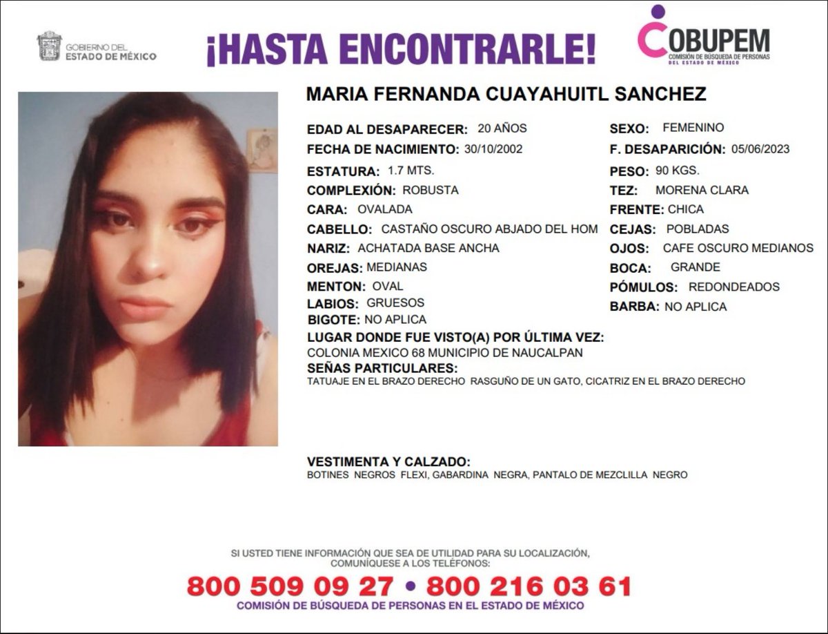 #ULTIMAHORA

¡¡¡Hasta encontrarte María Fer!!!

Desapareció en mi pueblo de #Naucalpan...
👇👇👇