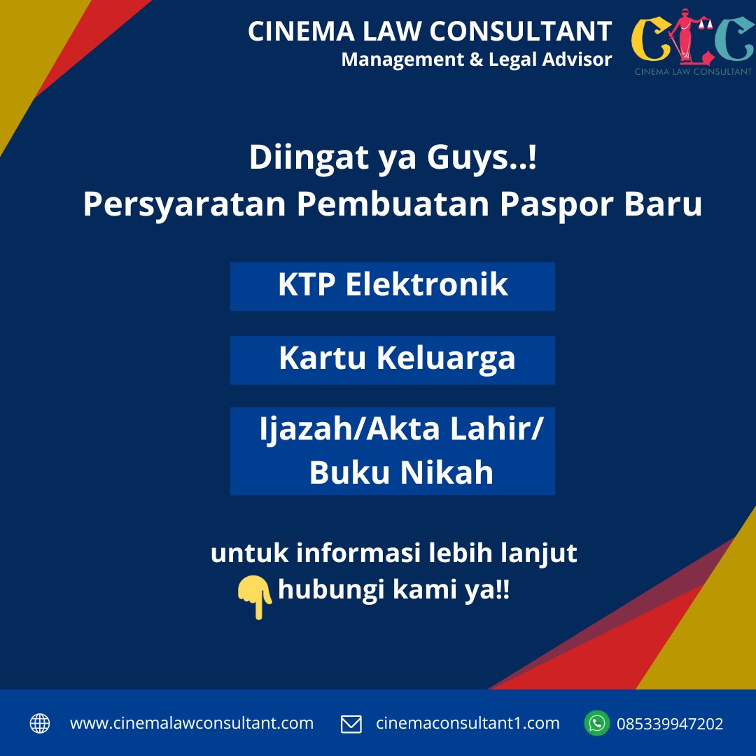 CinemaConsultan's tweet photo. Diingat ya untuk persyaratan pembuatan Passport Baru, untuk informasi lebih lanjut silahkan kontak kami atau bisa DM ya,,,😉😊

#cinemalawconsultant #consultant #advokat #Lawyer #lawconsultant #notaryconsultant #setupcompany #taxconsultant #taxes #immigrationagency #lombok https://t.co/U5Inf6lIoh