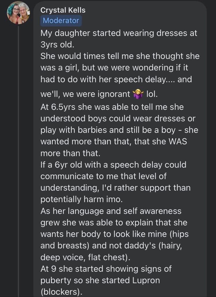 TranshausenFile's tweet photo. Young boy with a speech delay is socially transed at 6, puberty blocked at 9, admissioner estrogen at 10. His mother is a mod of “Transgender Parenting” on Facebook. This never happens though. https://t.co/hgNOU51N4y