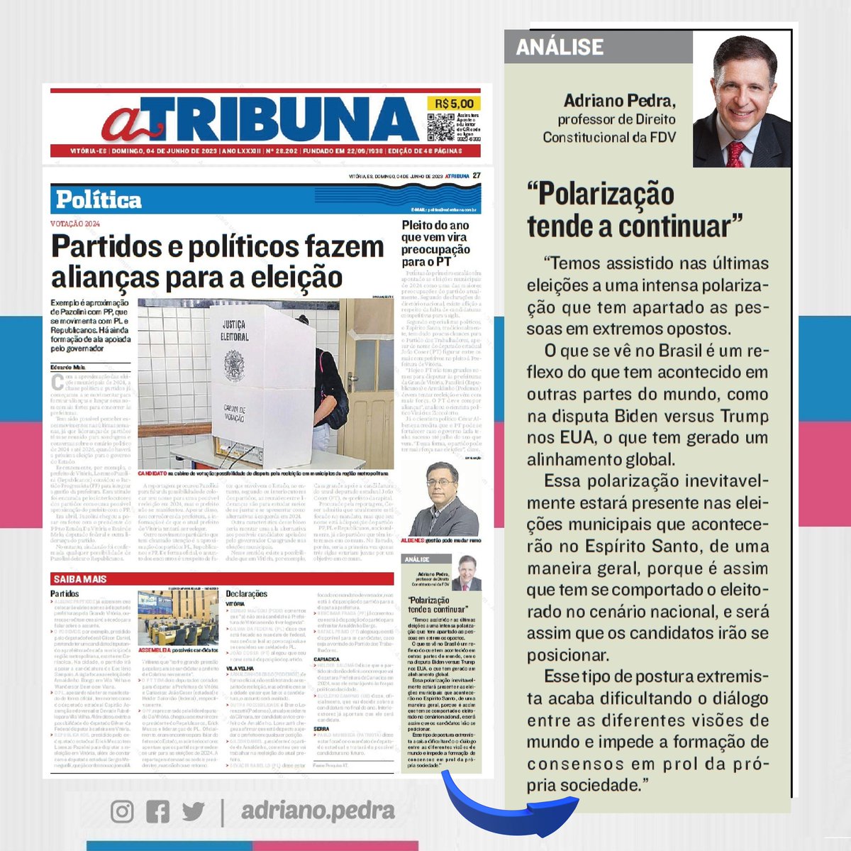 A polarização na política induz os extremismos ideológicos que dificultam a formação de consensos em prol da própria sociedade.

Veja a minha opinião na reportagem de Eduardo Maia para o jornal A Tribuna (<a href="/TribunaOnlineES/">Tribuna Online</a>).

#ATribuna
#eleições
#partidospolíticos
#AdrianoPedra