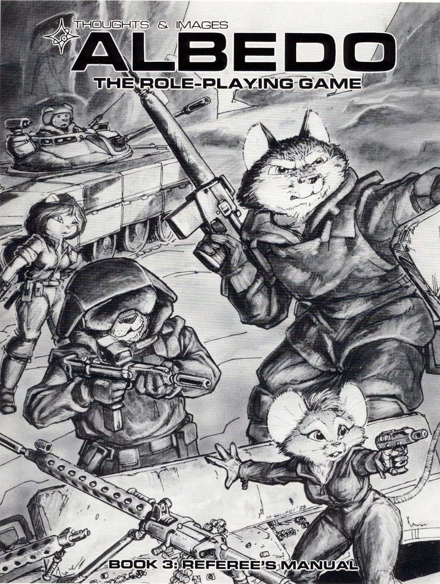 mavmaramis's tweet photo. Paul Kidd, Albedo the Roleplaying Game, Thoughts & Images. 1988. Box cover: Steven A. Gallicchi. Anthorpomorpic RPG. #PaulKidd #StevenGallicchi #ThoughtsandImages #FurryCreature #Albedo #roleplaying #anthropomorphism @thatsgoodweb @afrocosmist @retroscifiart @doberes https://t.co/3RYjOC0pjQ