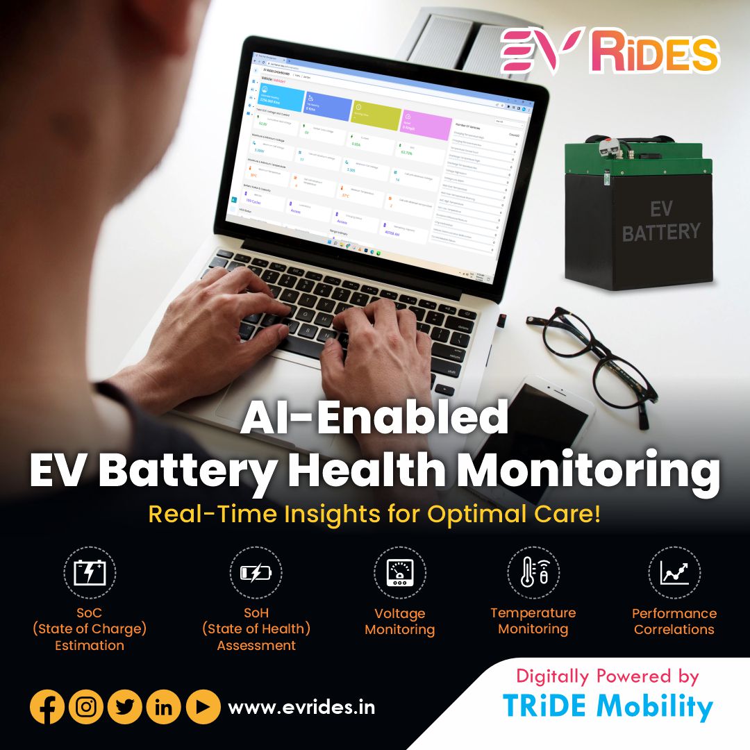 TRiDE_mobility's tweet image. Revolutionizing EV battery management with real-time monitoring, predictive maintenance, and advanced AI algorithms. Visit evrides.in for more. #EVRides #batteryhealthmonitoring #AIenabledsolutions