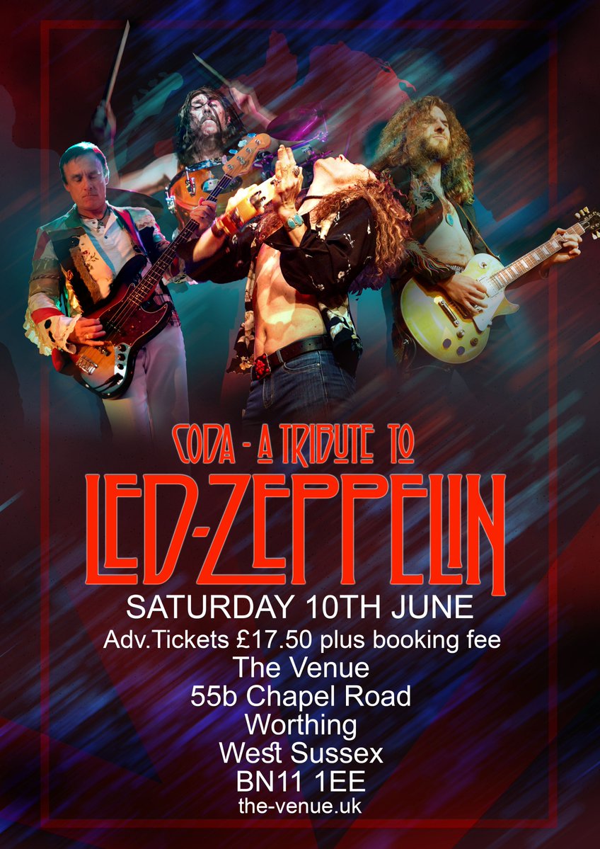 This Saturday 10th June we play the The Venue, Worthing, as the opening act for the Worthing Festival 2023!

Tickets are available here: timeforworthing.uk/whats-on/led-z… #worthing #worthingfestival2023 #timeforworthing #ledzeppelintribute #ledzeppelintributeband