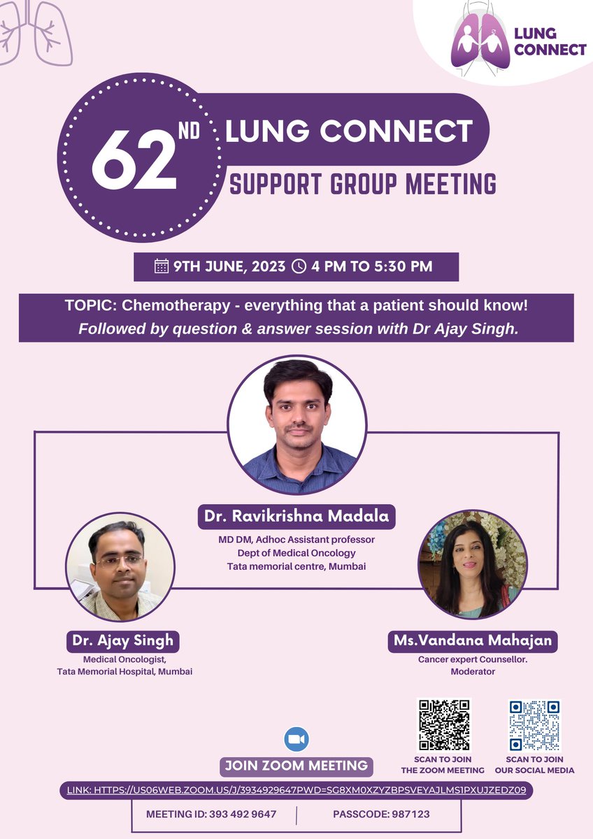 LungConnectIN's tweet photo. Lung Connect 62nd Support Group Meeting.

Have questions regarding Chemotherapy?
Join this session by Dr. Ravikrishna Madala and Dr. Ajay Singh to know everything about Chemotherapy and Lung Cancer.

Join Zoom Meeting
https://t.co/lUvKujO9Vf

#lung #lungconnect #lungcancer #lungcancerawareness #chemotherapy

@oceanblue11oct @Ravijharkhandi @ThePksinha @Sanjeev_33 @BapnaAjay @AndhaObserver @VivekSharmaSE @R2SurviveCancer @VanitaNoronha @SewantiLimaye @ACTREC_TMC @RadOncTMC @tmhmedoncalumni @CRSF_IN