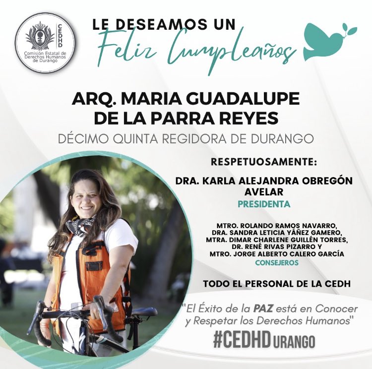 CedhDurango's tweet image. La Dra. @Karla_oa Presidenta de la #CEDHDurango30, consejeros y equipo, felicita a nuestra amiga @titadelaparra , Regidora de @DurangoCap . Con motivo de su cumpleaños 🎂. ¡Enhorabuena y que la pase de lo mejor! #SomosCEDHDgo