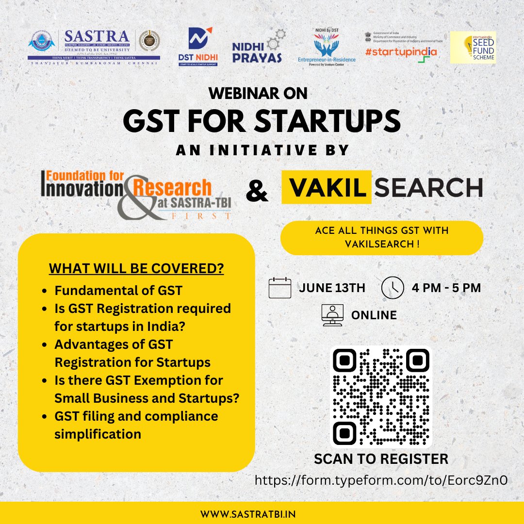 Sastratbi's tweet photo. Join our informative webinar on "GST for Startups" organized by FIRST TBI and VAKILSEARCH!

Date: 13.06.2023 Time: 4pm-5pm

Register now: https://t.co/HYVHQIwc0W

Limited spots available! Share with fellow startups. #webinar #startups #GST #entrepreneurship #gst  #Entrepreneur https://t.co/bt1IwEf7n0