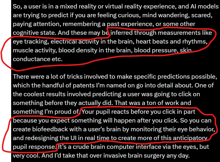 DCLBlogger's tweet photo. Neuroscience elements of the Apple Vision glasses are INSANE.

- Predicting your mood, (Curious, wandering, scared, etc)

- Tracking heart beat, rhythms,

- Tracking blood density in the brain, skin conductance!

- Predicting WHERE you will click before you click, (via eye behaviour).

We are very quickly moving to a black mirror state.