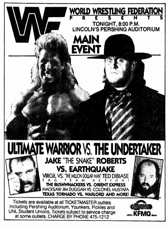 On this day in 1991: Catch the WWF superstars in Lincoln's Pershing Auditorium in Lincoln, Nebraska! 🤼 #WWF #WWE #Wrestling #JakeRoberts #Earthquake #UltimateWarrior #Undertaker