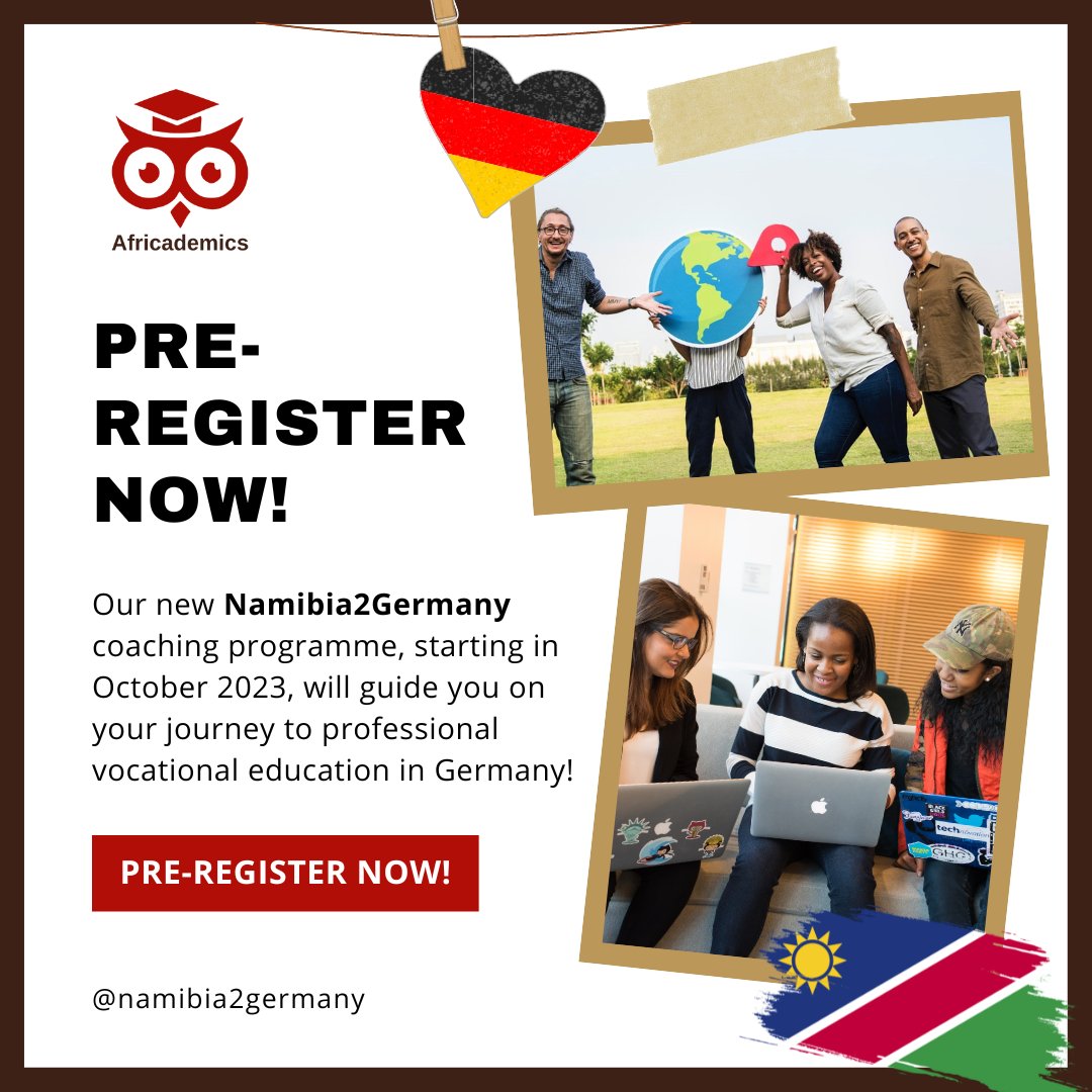 Are you a #highschool learner or matriculant? Do you speak #German at intermediate level? Do you want to pursue professional vocational #education in #Germany? Then pre-register for our new #Namibia2Germany coaching programme: tinyurl.com/yh9duxvz

#africademics #studyabroad