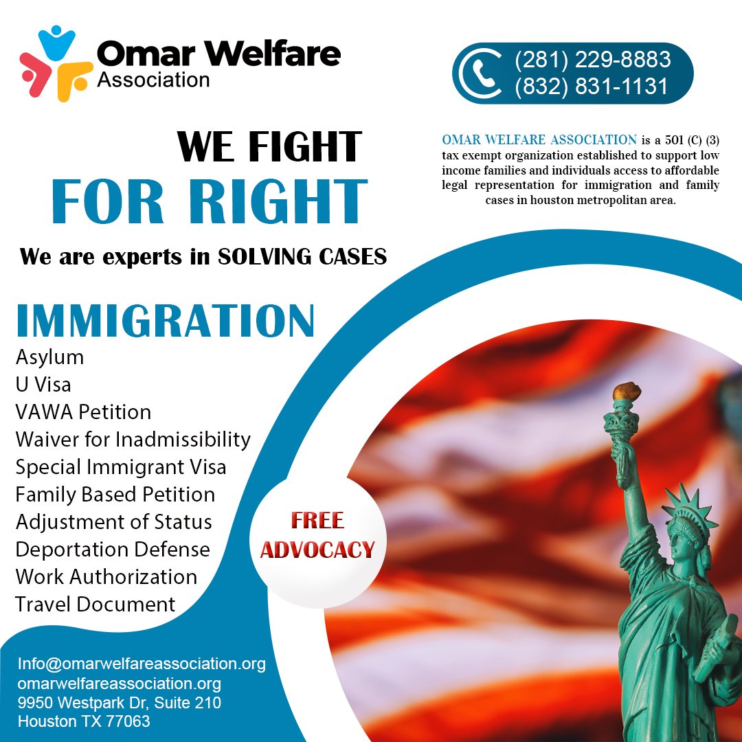 WE FIGHTFOR RIGHT
We are experts in SOLVING IMMIGRATION CASES
IMMIGRATION
Asylum
U Visa
VAWA Petition
Special Immigrant Visa
Family Based Petition
Adjustment of Status
Deportation Defense
Refugee
#Immigration #Nonprofits #immigrationlawyer #asylum #GreenCard #immigrants