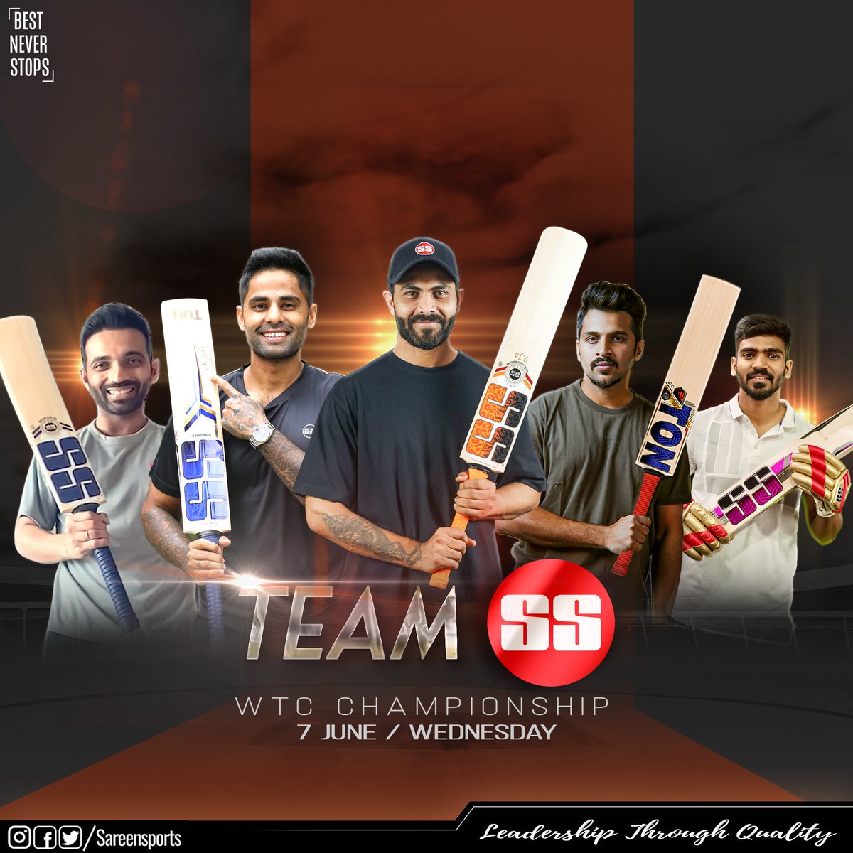 SareenSports's tweet photo. "All eyes on Team India as they aim for glory at WTC 2023. Best of luck!
#sareensports #ssbats #bestneverstops #WTCFinal2023 https://t.co/2oNDGUFJlj