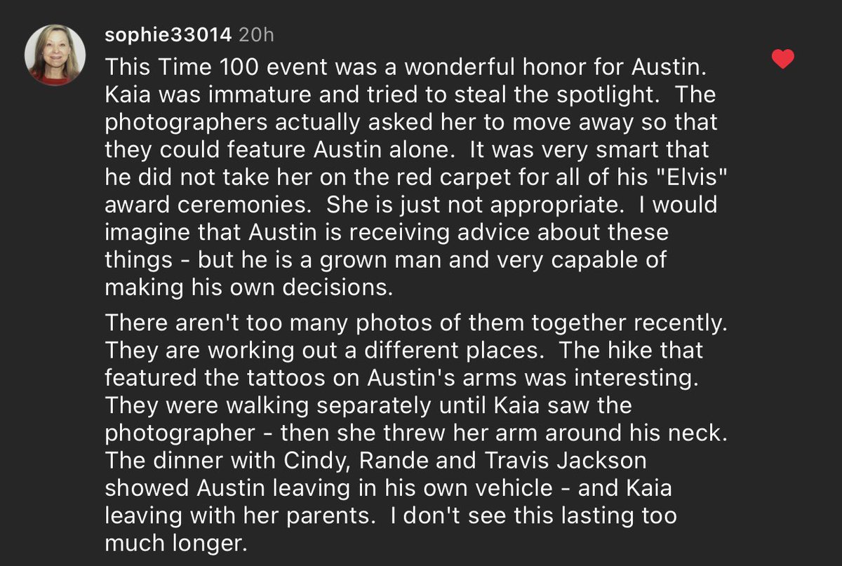 Nothing but the utmost respect for this person, and their view points. Completely true, and straight to the point with respect and facts when it comes to Austin kaia! #Time100 #kaiagerber #AustinButler
