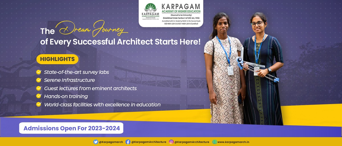 wekarpagamarch's tweet image. If you can envision it, you can achieve it. Turn your dream of becoming an architect into a reality at Karpagam Architecture with world-class facilities and excellent education. The future is in your hands. Build it wisely by joining KARCH.

#ArchitectureColleges #Architects