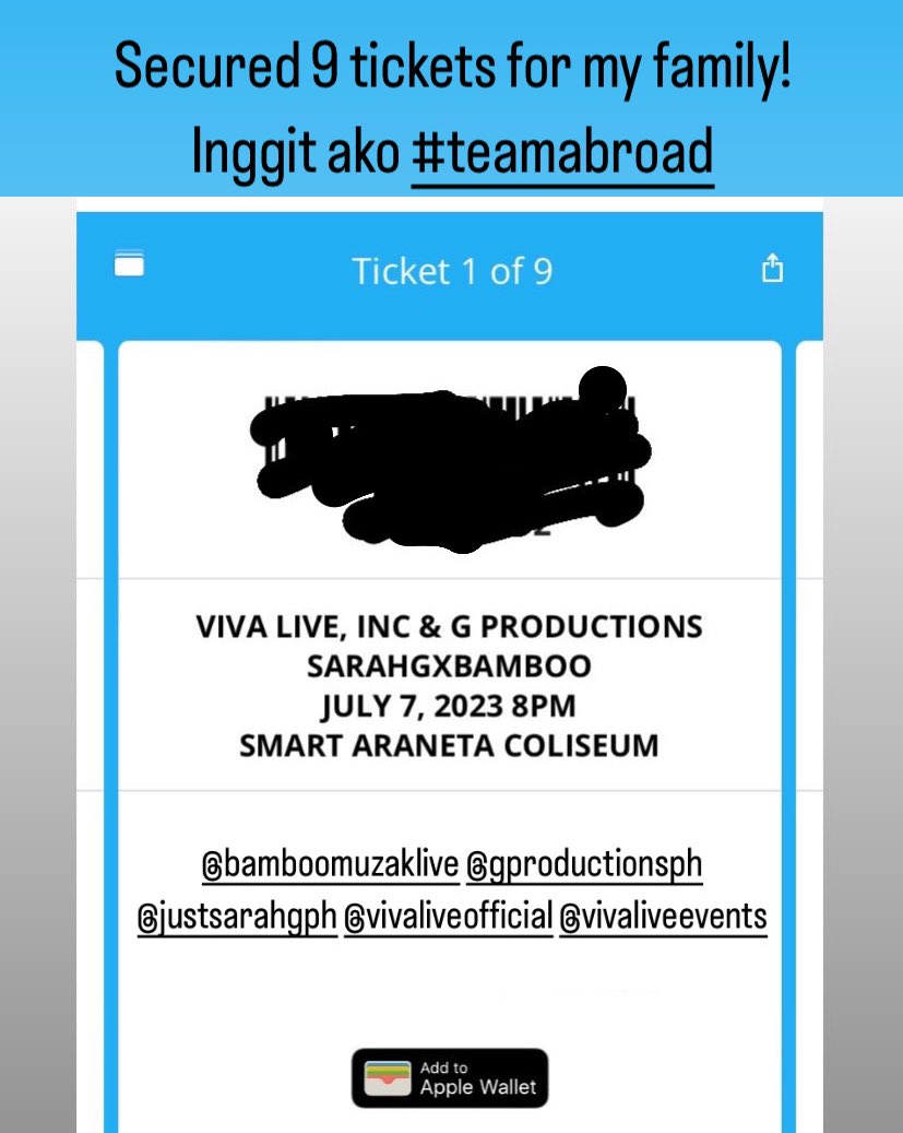 winchesterlopez's tweet photo. Imbis na ako,pamilya ko na lang representative ko sa concert hehe.Pag ako umuwi ng Pinas at nagkataong may concert si @JustSarahG Bibilhin ko talaga ang pinakamalapit sa stage na upuan! @Bamboomusiclive @vivaliveinc @mateoguidicelli #SarahGeronimo #sarahg #ashboo #SarahGxBamboo https://t.co/k0mbKaYGxk