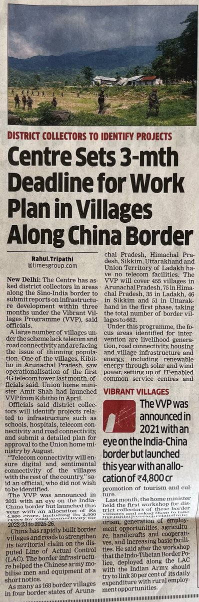 rahultripathi's tweet photo. With eye on #China , Centre sets deadline of 3 months to identify and submit project reports for infra and developments projects in villages bordering China in four states and a UT. #Kibithoo in Arunachal gets first telecom tower. #VibrantVillagesProgramme. @ETPolitics https://t.co/izduQjuBtk