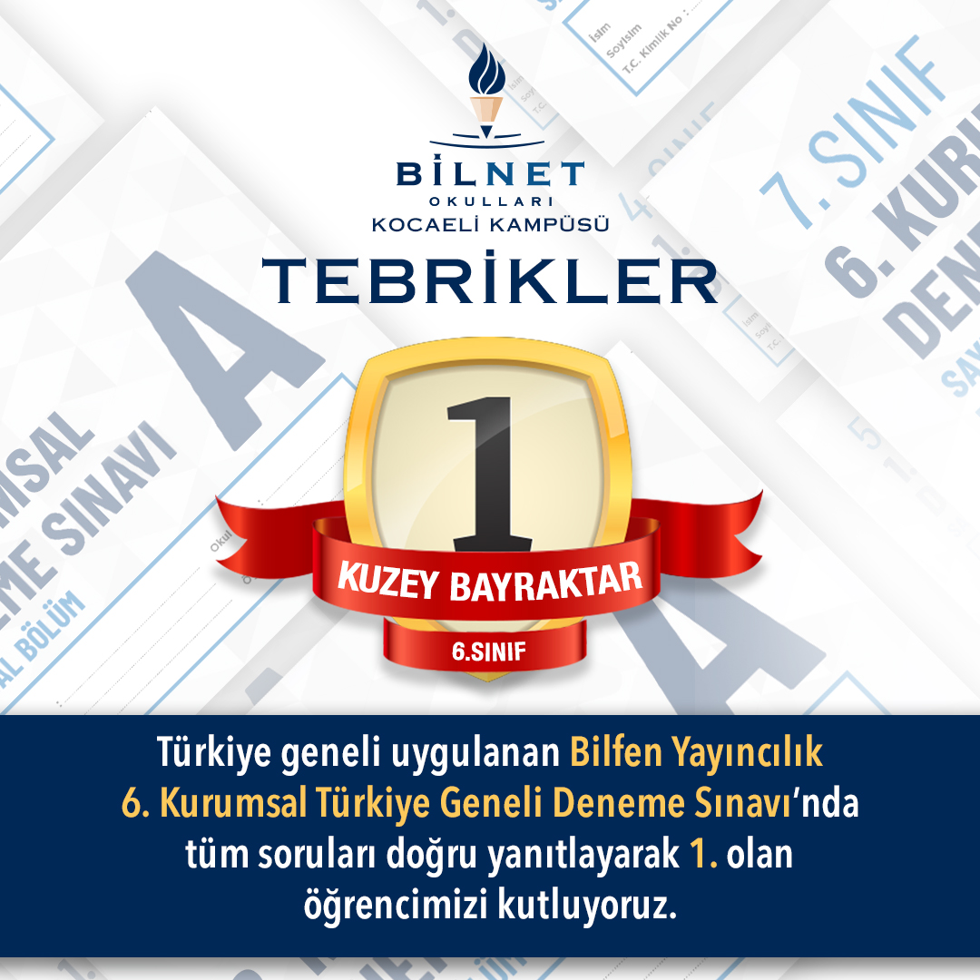 Türkiye geneli uygulanan Bilfen Yayıncılık 6. Kurumsal Türkiye Geneli Deneme Sınavı’nda tüm soruları yanıtlayarak 1. olan öğrencimizi kutluyoruz.

#BilnetOkulları #DenemeSınavı #BilfenYayıncılık