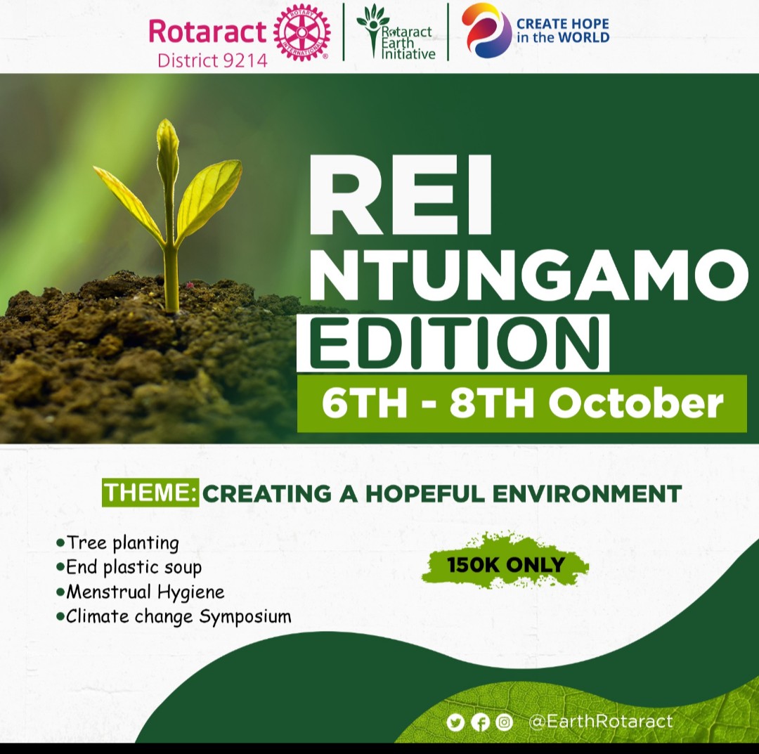 The only way forward, if we are going to improve the quality of the environment, is to get everybody involved ,Join us on 6th -8th October as we are   #CreatingAhopefulEnvironment in Ntungamo.
#REINTUNGAMOEDITION.
#CreateHopeInTheWorld
#RotaractDistrict9214.