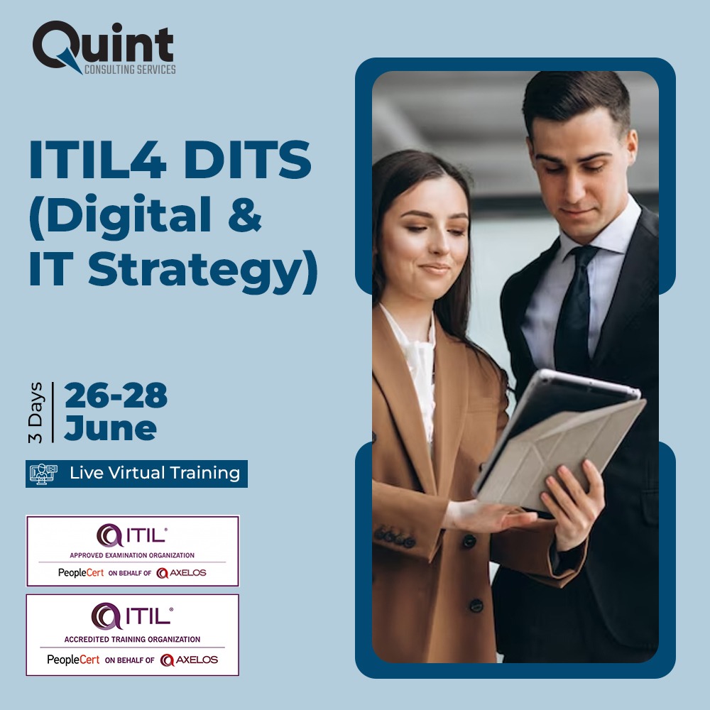 quint_india's tweet image. Join our upcoming ITIL4 DITS (Digital &amp;amp; IT Strategy) course scheduled for 26-28 June.
Acquire invaluable knowledge and enhance your skills in the field of IT Service Management.

Get in touch with us via email at info@quintconsultingservices.com
#ITIL4 #DITS #LiveVirtualTraining