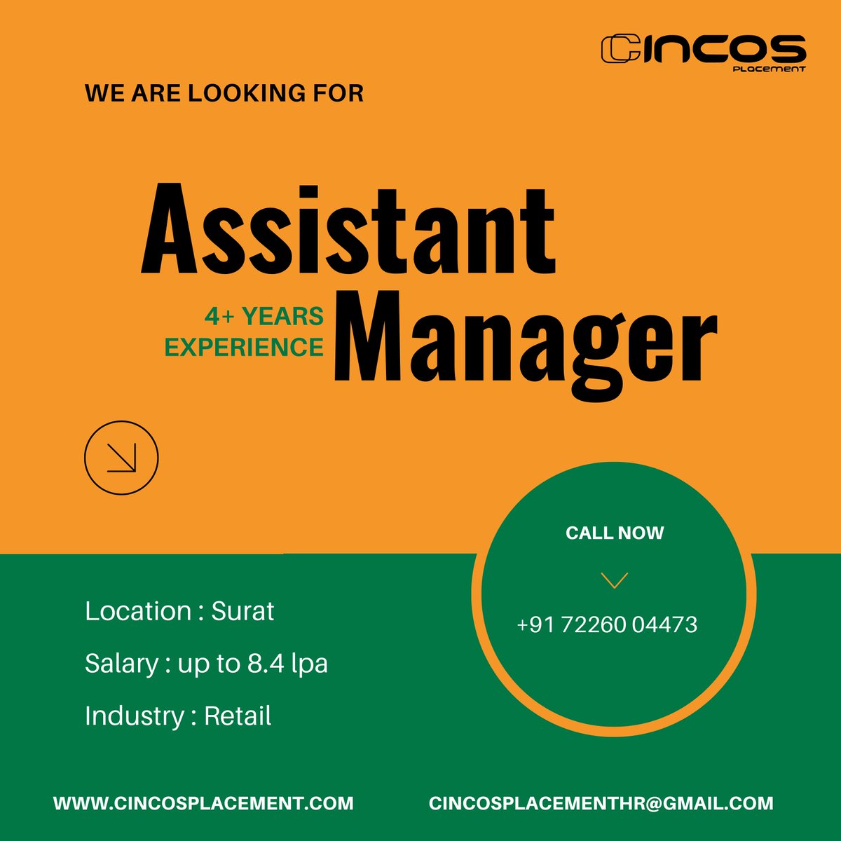 Calling all Assistant Managers! Explore a rewarding career with the Best Job Placement Consultancy in Surat. 

📞 Call Now: +91 7226004473
📧 Send CV: cincosplacementhr@gmail.com

#AssistantManager #SuratJobs #BestHumanResourceCompaniesInSurat #TopHumanResourceCompaniesInSurat