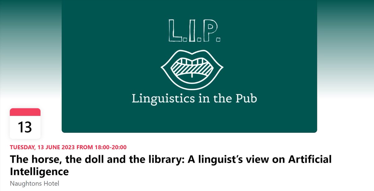 Come and join me at Linguistics in the Pub and talk about the deceptively simple question, What is Artificial Intelligence? Have a bev with us as we discuss the Linguists' point of view on the matter
facebook.com/events/1206697…