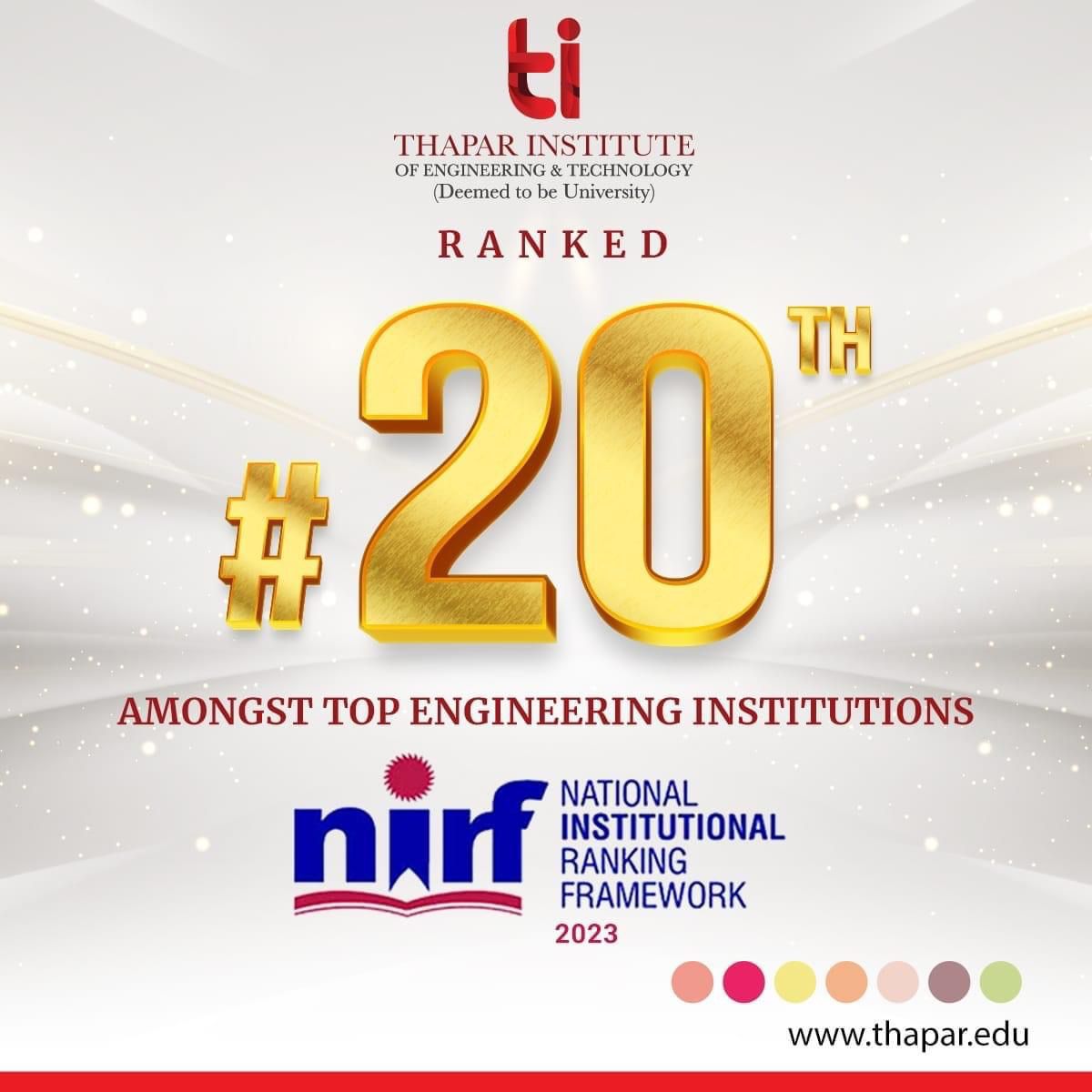 NNCLThapar's tweet photo. Thapar Institute of Engineering &amp; Technology (TIET), Patiala has secured a remarkable 20th rank in the Engineering category in the prestigious National Institutional Ranking Framework (NIRF)!

Proud moments for everyone.

Kudos to all Thaparians. https://t.co/82gkhWvilc
