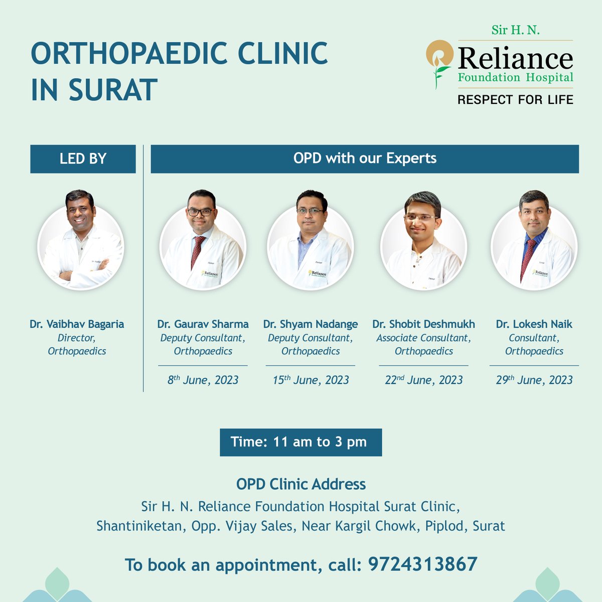 Meet our Experts!

To book an appointment, call 9724313867

#RelianceFoundationHospital #RespectForLife #OrthopaedicClinic #Surat