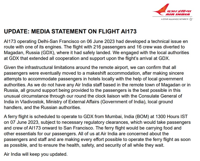 timesofindia's tweet photo. #UPDATE --- #AirIndia Delhi-San Francisco flight diverted to Magadan, Russia on 6th June | A ferry flight is scheduled to operate to Magadan Airport in Russia from Mumbai at 1300 hours IST on 7th June, subject to necessary regulatory clearances, which would take passengers and crew of AI173 onward to San Francisco: Air India statement