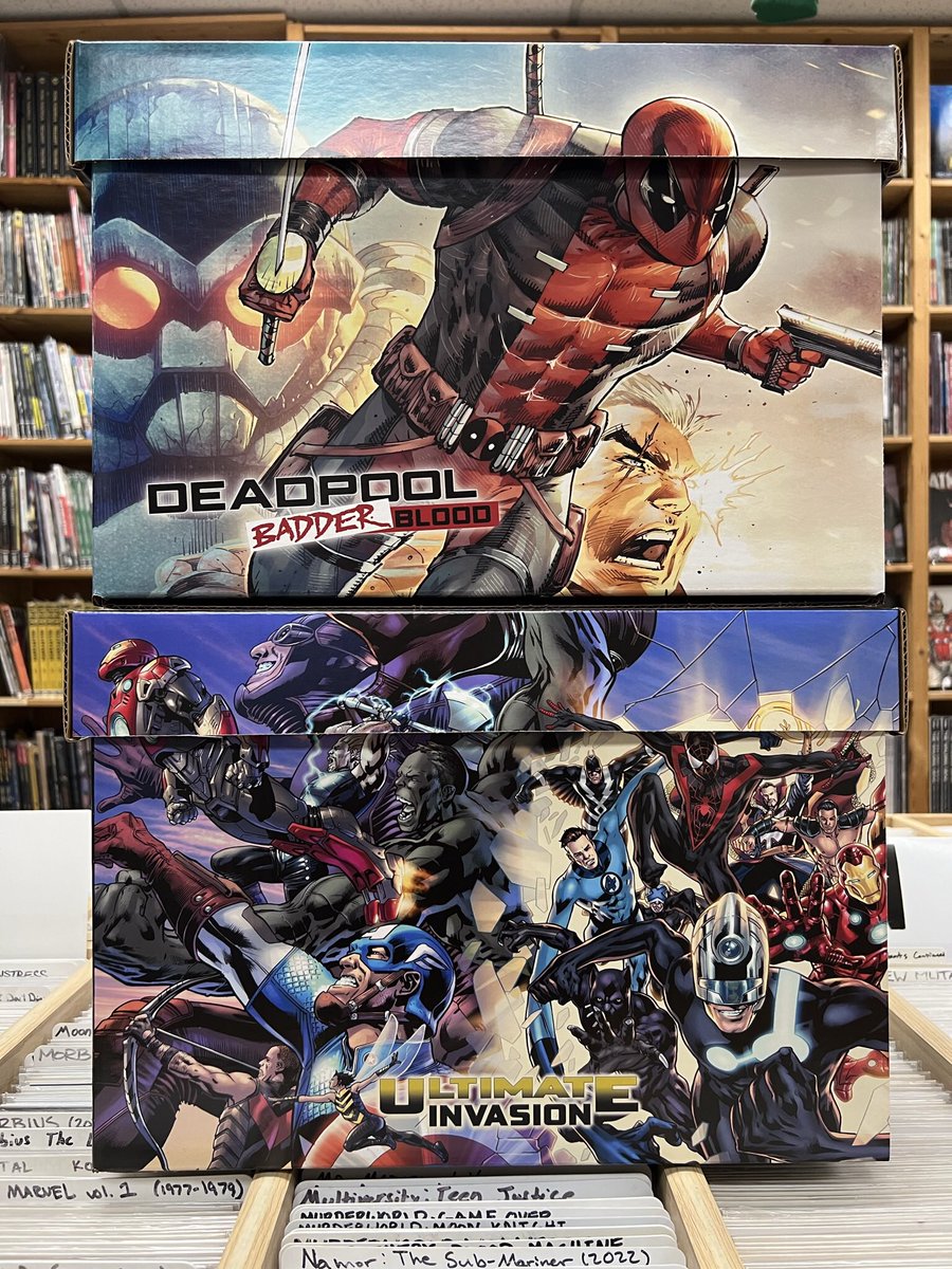 ComicsTnT's tweet image. New Marvel Comic Boxes! Deadpool Badder Blood! Ultimate Invasion! $11.99 each! 😀 #comicboxes #marvelcomics #deadpool #deadpoolbadderblood #robliefeld #ultimateinvasion #comicstoonsntoys #tustincalifornia