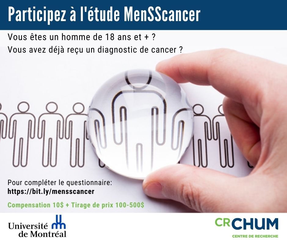 ￼
Le projet MenScancer recrute!

Contribuez au développement de programmes de soutien qui correspondent aux besoins et préférences des hommes.

Près de 200 hommes ont déjà complété le questionnaire : bit.ly/mensscancer   

Compensation de 10$ &amp; tirage de prix de 100$-500$