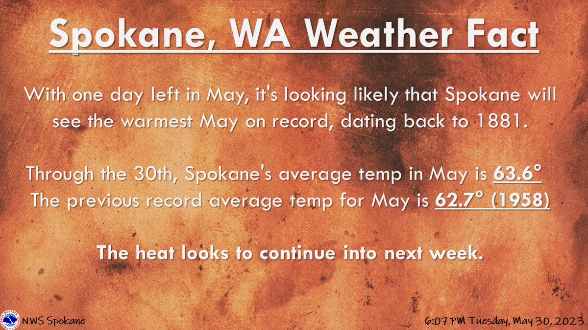NWSSpokane's tweet photo. Has it felt like a warm May? If so, you're not wrong.
#wawx #heat #recordtemps https://t.co/eUOnLhNcl4